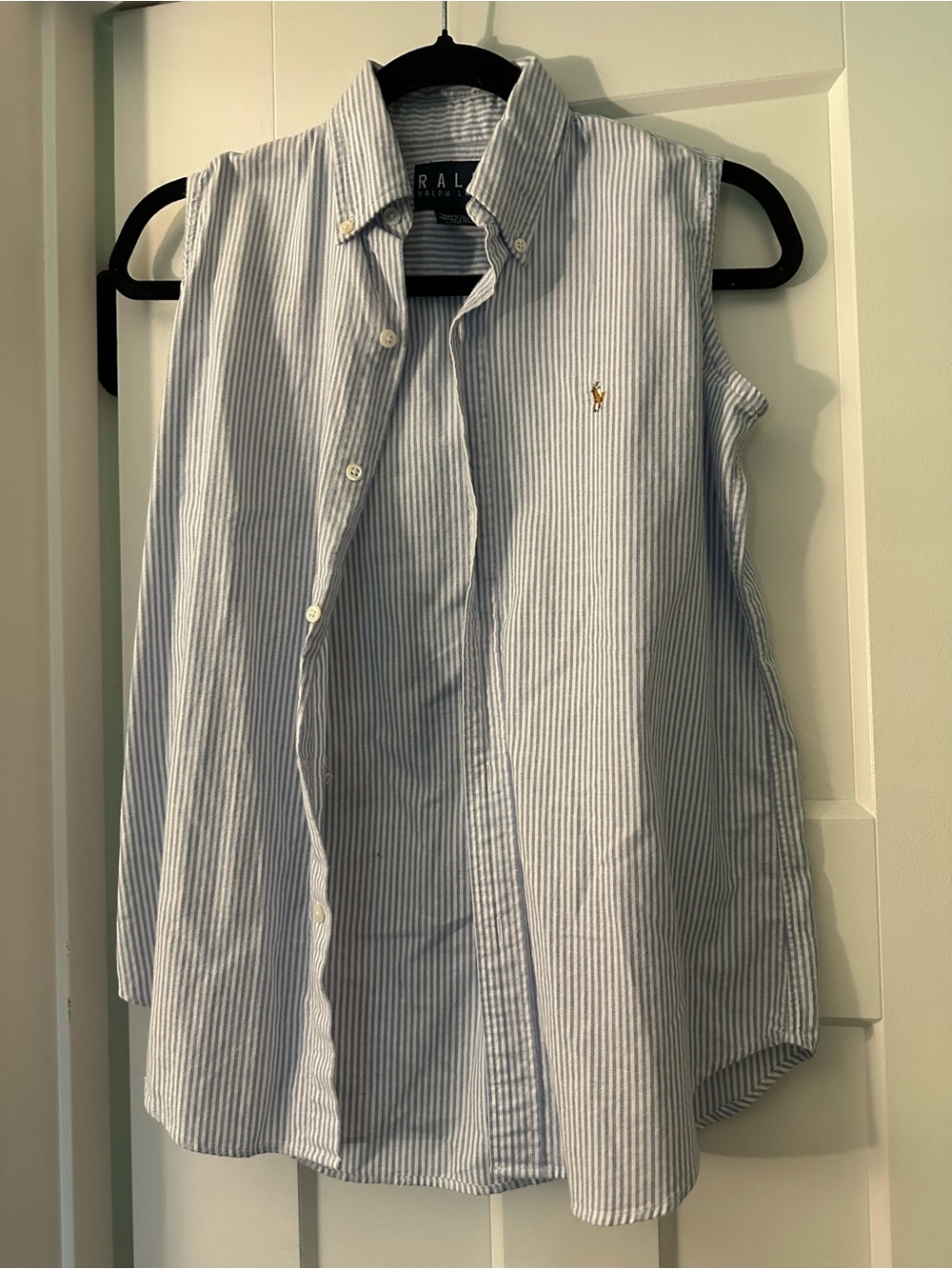 Ralph Lauren Blue and White Striped Sleeveless Button-Down Shirt